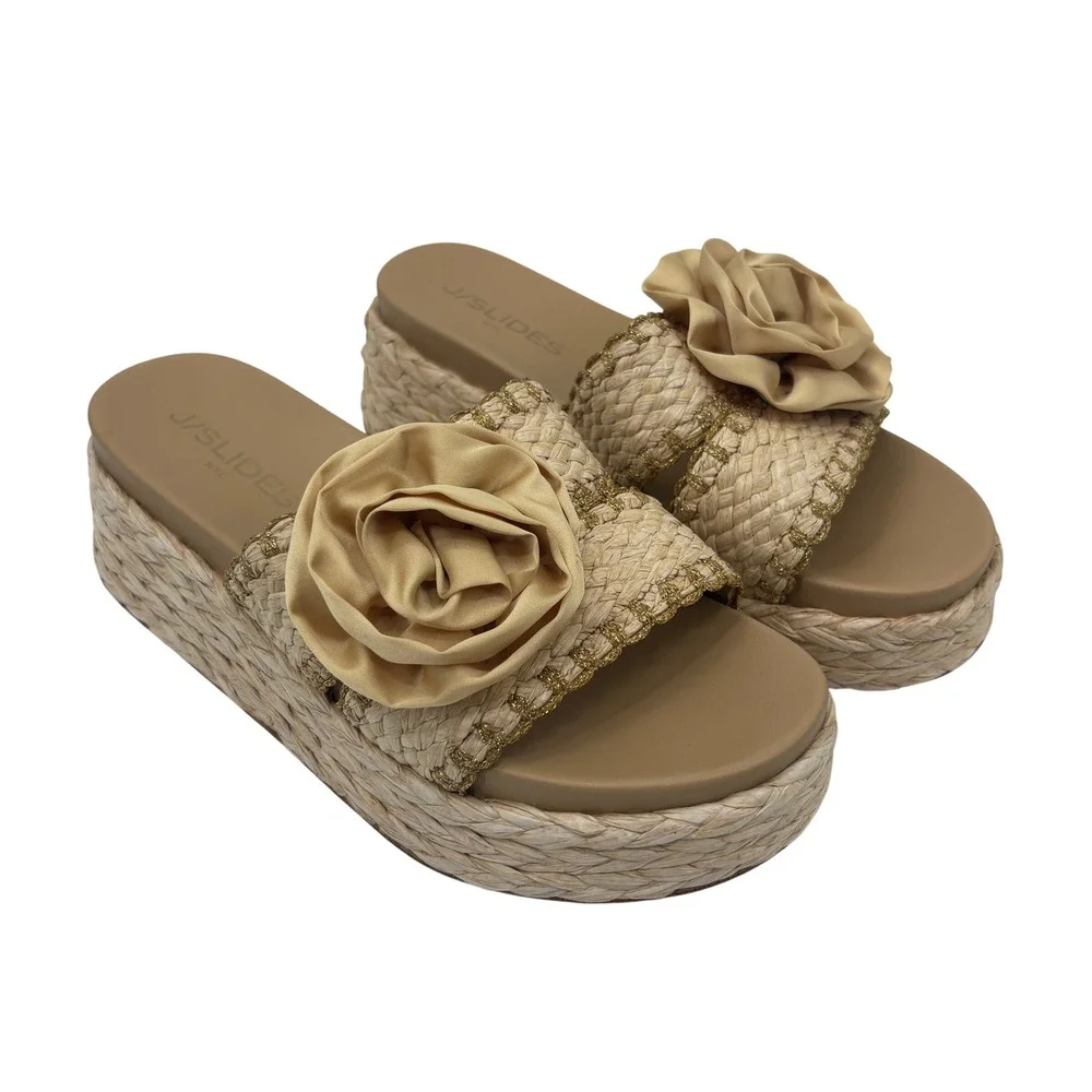 JSlides Tan Bree Rose Raffia Espadrille Platform Wedge Slide Sandals Womens 9